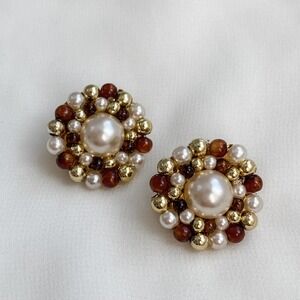 VTG Ivory Pearl Brown Gold Bead Earrings